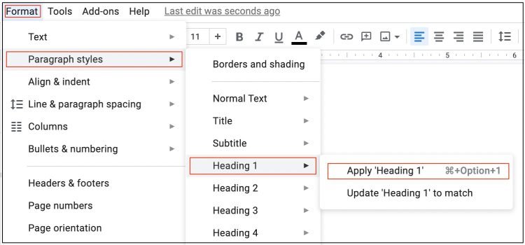 Add Heading through Format Menu on Docs