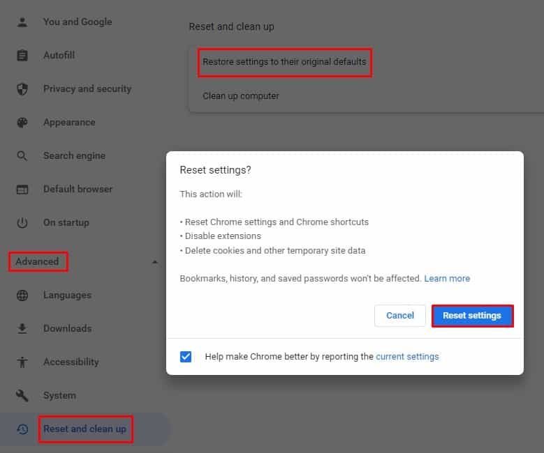 Chrome reset Settings