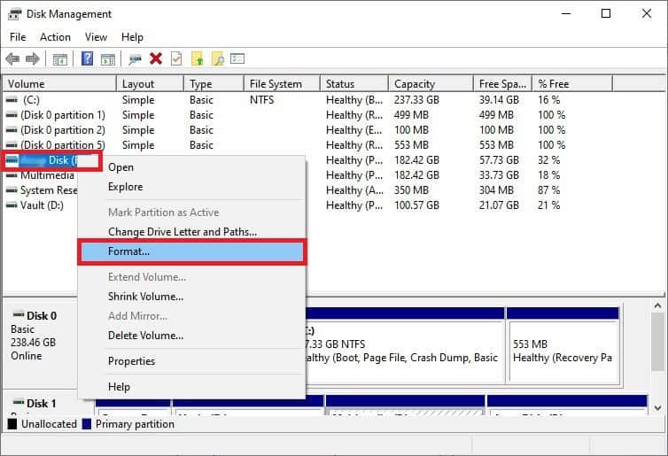 Disk Management Format Drive