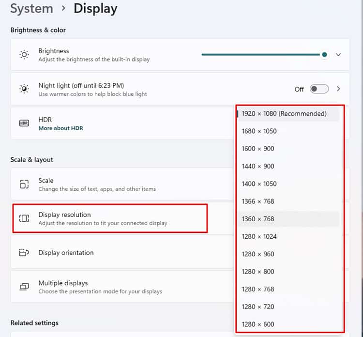 Display resolution in windows display settings