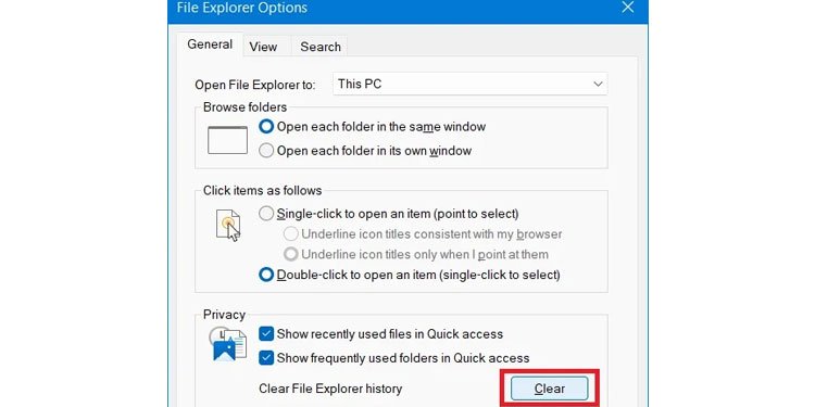 File Explorer Option Clear Privacy