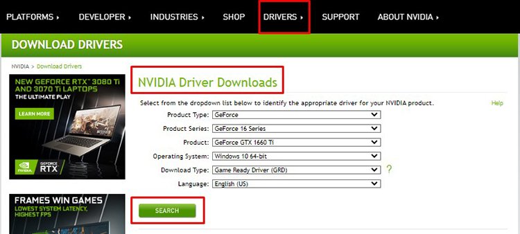 NVIDIA Driver Search in Official Website