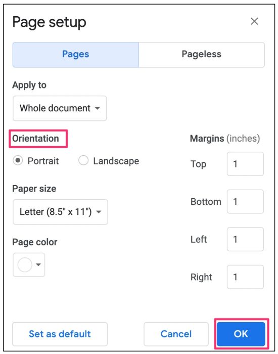 Page Orientation Setup