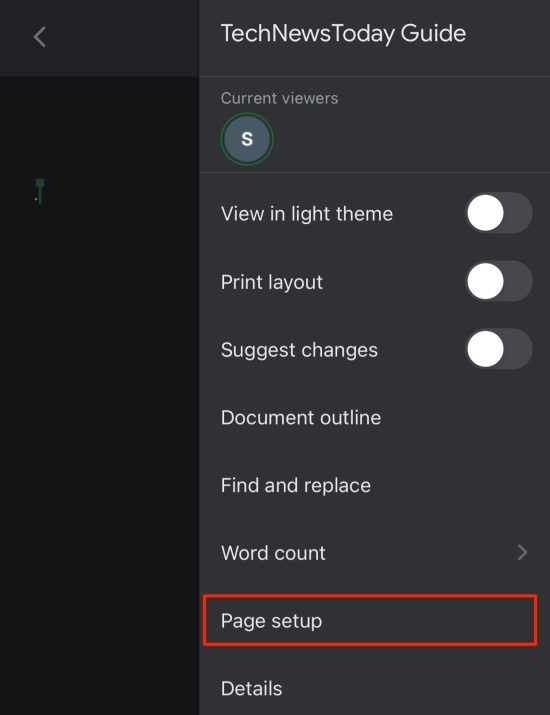 Page Setup on Docs Mobile