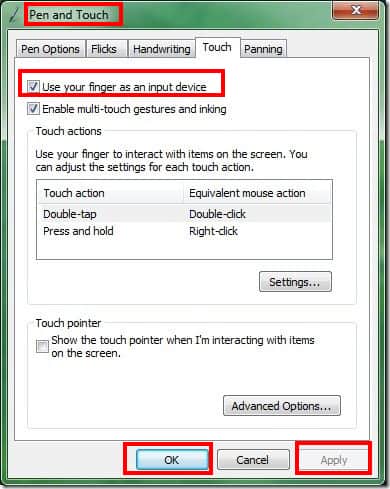 Pop up for use finger as input in windows 7