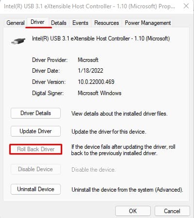 roll back USB driver