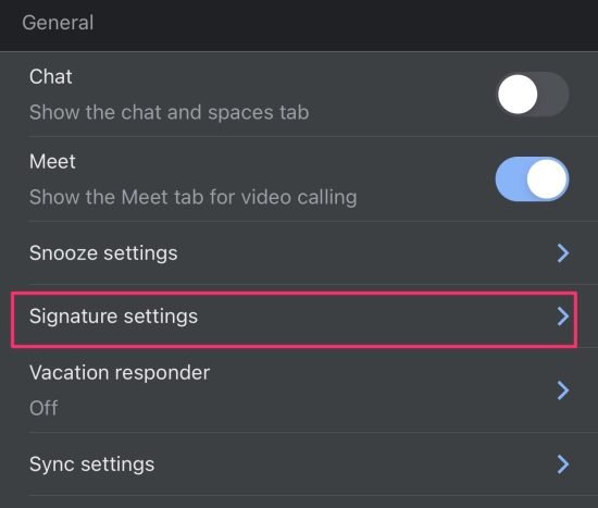 Signature Settings in Gmail app