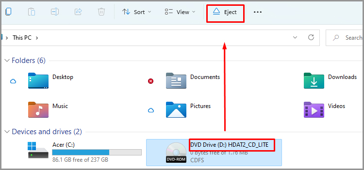 Single Click toolbar method to eject iso disk