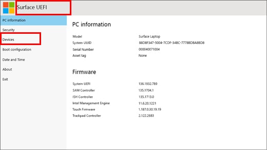 Surface UEFI Settings