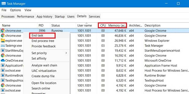 Task Manager CPU Memory Usage End Task