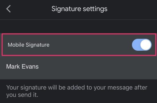 Type and turn the toggle for mobile signature
