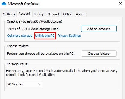 Unlink pc from onedrive