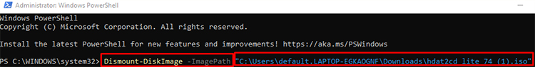 dismount diskimage command in powershell