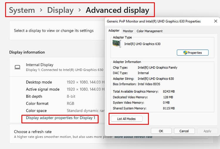 display adapter options