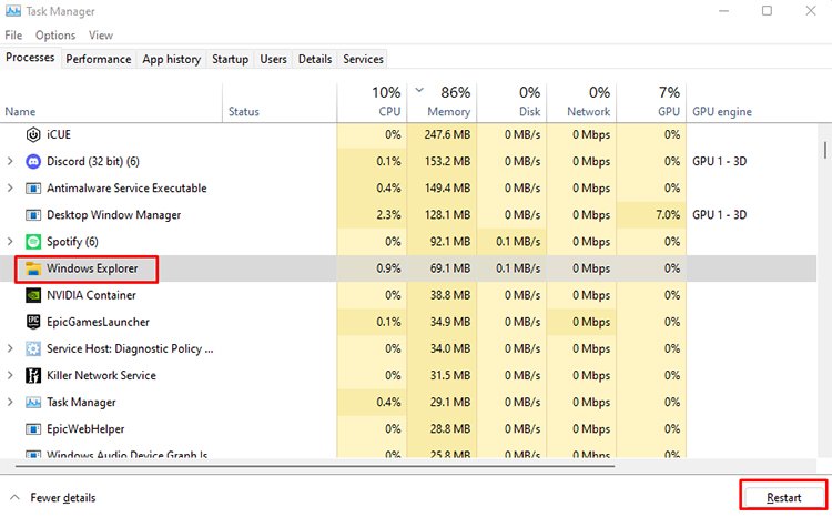 Restart Windows Explorer process