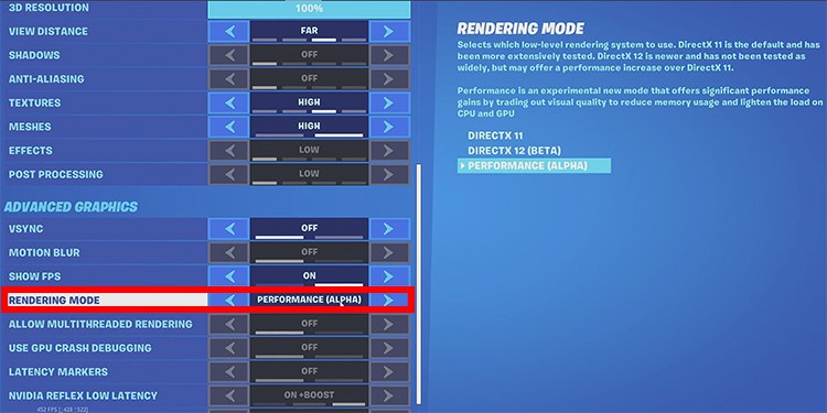 turn on performance mode in Fortnite