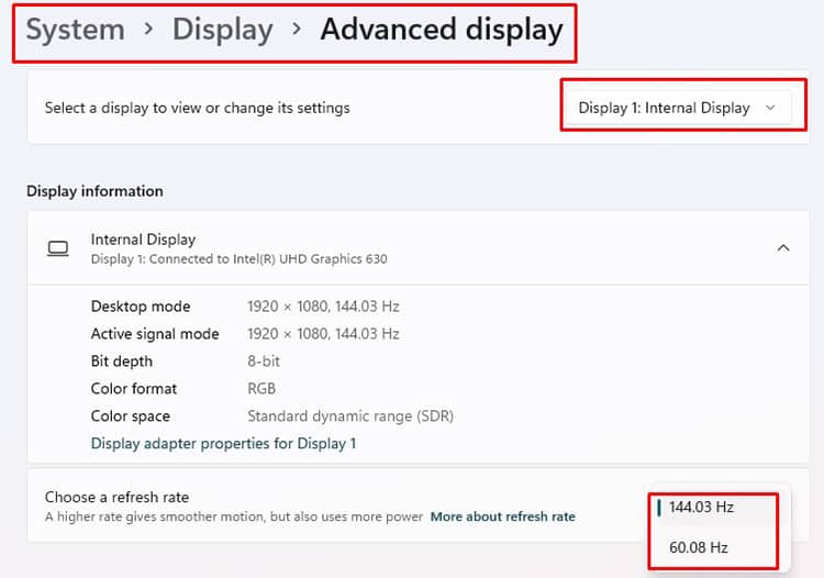 refresh rate is display settings