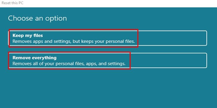 reset options in reset pc setting of windows