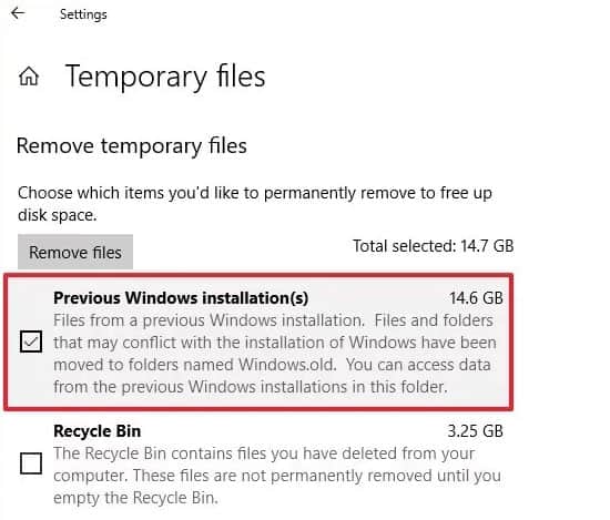 temporary files previous windows installation