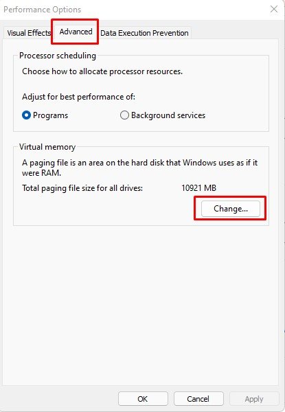 virtual memory settings