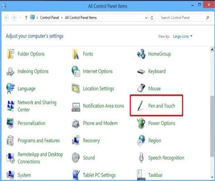 windows 7 pen and touch control panel